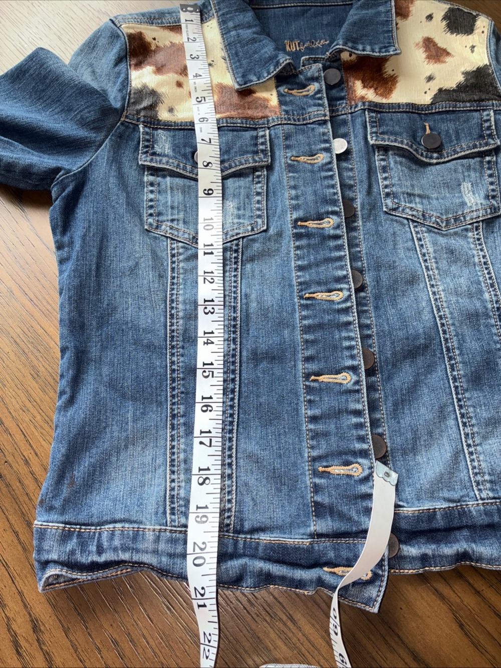 Kut from the Kloth Blue Denim Jacket with Brown and White Cow Print Yoke - Picture 7 of 8